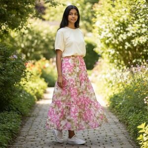 Joh Apparel 36253W Jorah Floral Tiered Midi Chiffon Cottagecore Pink Skirt NWT-M